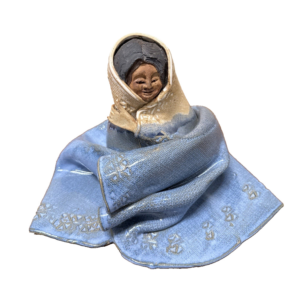Vintage Southwestern Studio Pottery Woman Sculpture Blue Shawl 8" Heavy